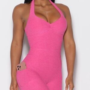 Bombshell Sportswear Hot Pink bodysuit with halter neck, low back